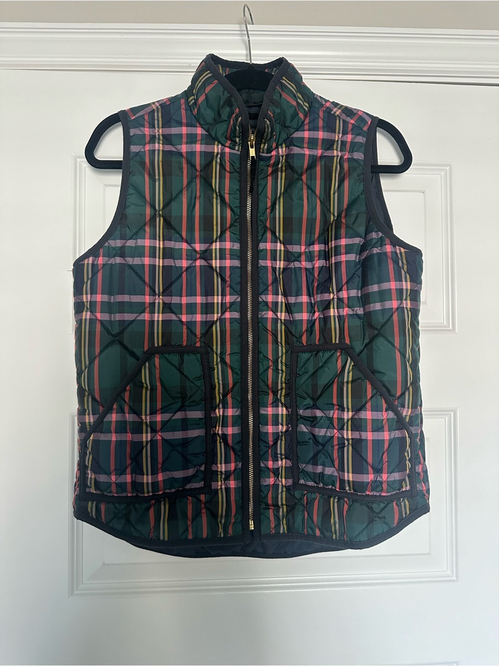 J. Crew Green and Pink Plaid Quilted Vest